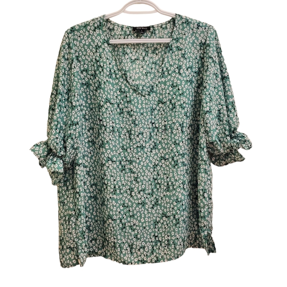 Well Worn Green Floral Print V-Neck Blouse Ruffle Sleeve Lightweight Top